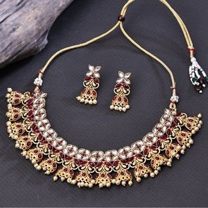 Gold Plated Pink Kundan & Pearl Choker Necklace Set for Women